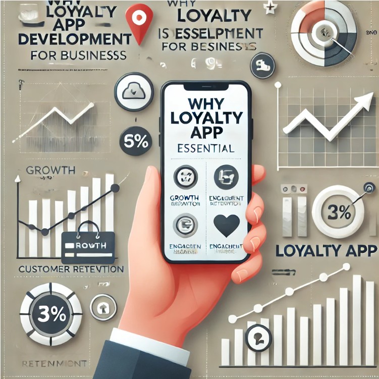 This image highlights key reasons businesses need loyalty app development:  Growth charts for revenue Customer retention icons Engagement graphs A mobile device showcasing loyalty rewards. The professional and modern design ensures text visibility while emphasizing the importance of loyalty apps for sustainable growth.