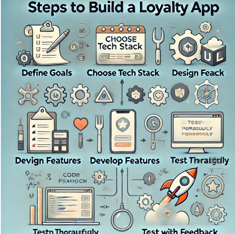 This image illustrates the six essential steps of developing a loyalty app:  Define Goals (checklist icon) Choose Tech Stack (tools symbol) Design UI (screen/wireframe) Develop Features (code symbols) Test Thoroughly (magnifying glass) Launch and Feedback (rocket icon). The clean layout, minimalistic design, and visible labels make the steps easy to follow.