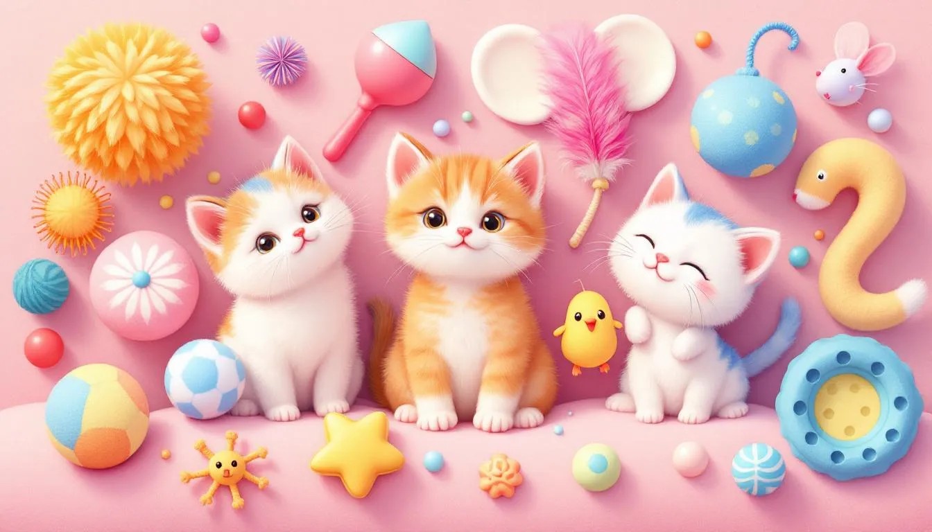 A variety of kitten toys displayed together, including colorful plush and interactive options.
