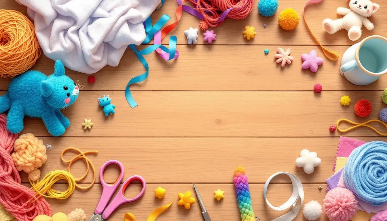 A DIY setup showing materials for making homemade kitten toys, including strings and fabric.