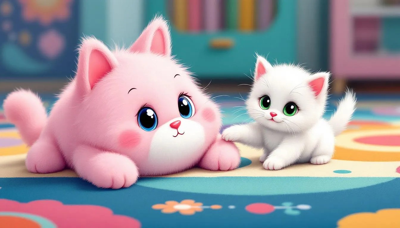 A fluffy plush toy cat resting beside a playful kitten.