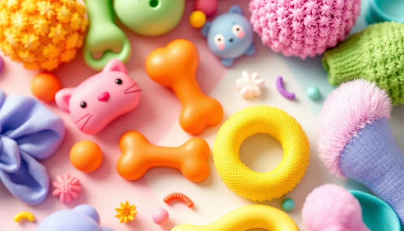 A close-up of dental health-focused kitten toys, including chewable options.
