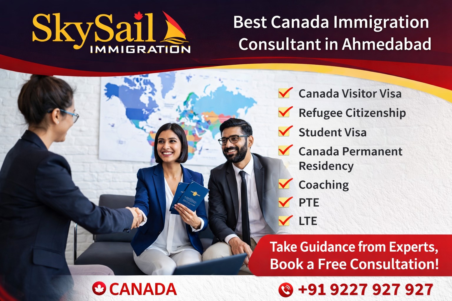 SkySail Immigration is a trusted Canada immigration consultancy in Ahmedabad helping students, professionals, and families achieve their dream of moving to Canada. The company offers complete immigration services including Express Entry guidance, Canada PR visa assistance, study visa consultation, investor visa support, and IELTS coaching. Their experienced team ensures a smooth and stress-free immigration process.