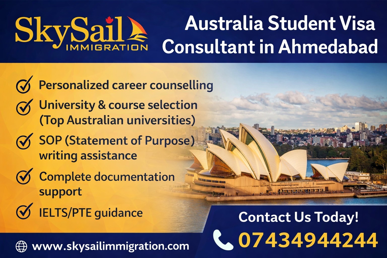 SkySail Immigration is a leading Australia student visa consultant in Ahmedabad offering expert guidance for students planning to study abroad. From course selection to visa processing, we provide complete support for a successful journey.