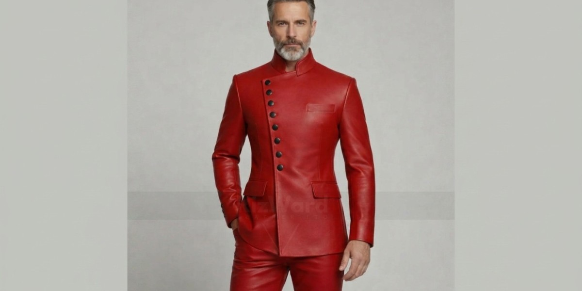 Men’s Red Leather Statement Jacket — Luxury Buttoned Fashion Outerwear
