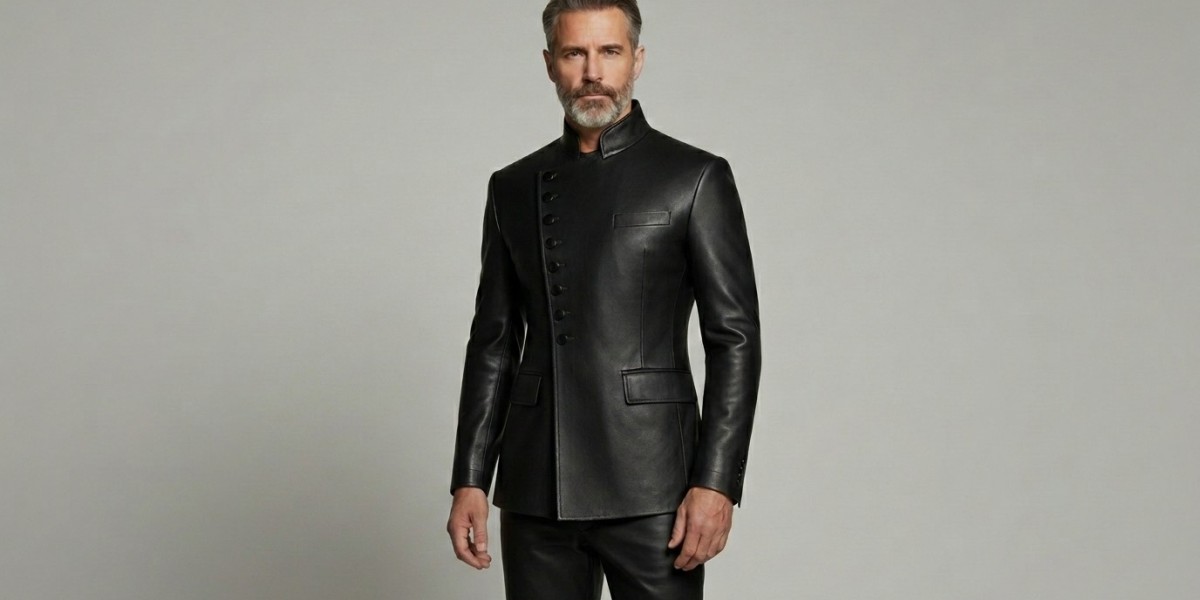 Men’s Black Asymmetrical Leather Button Jacket — Modern Statement Outerwear