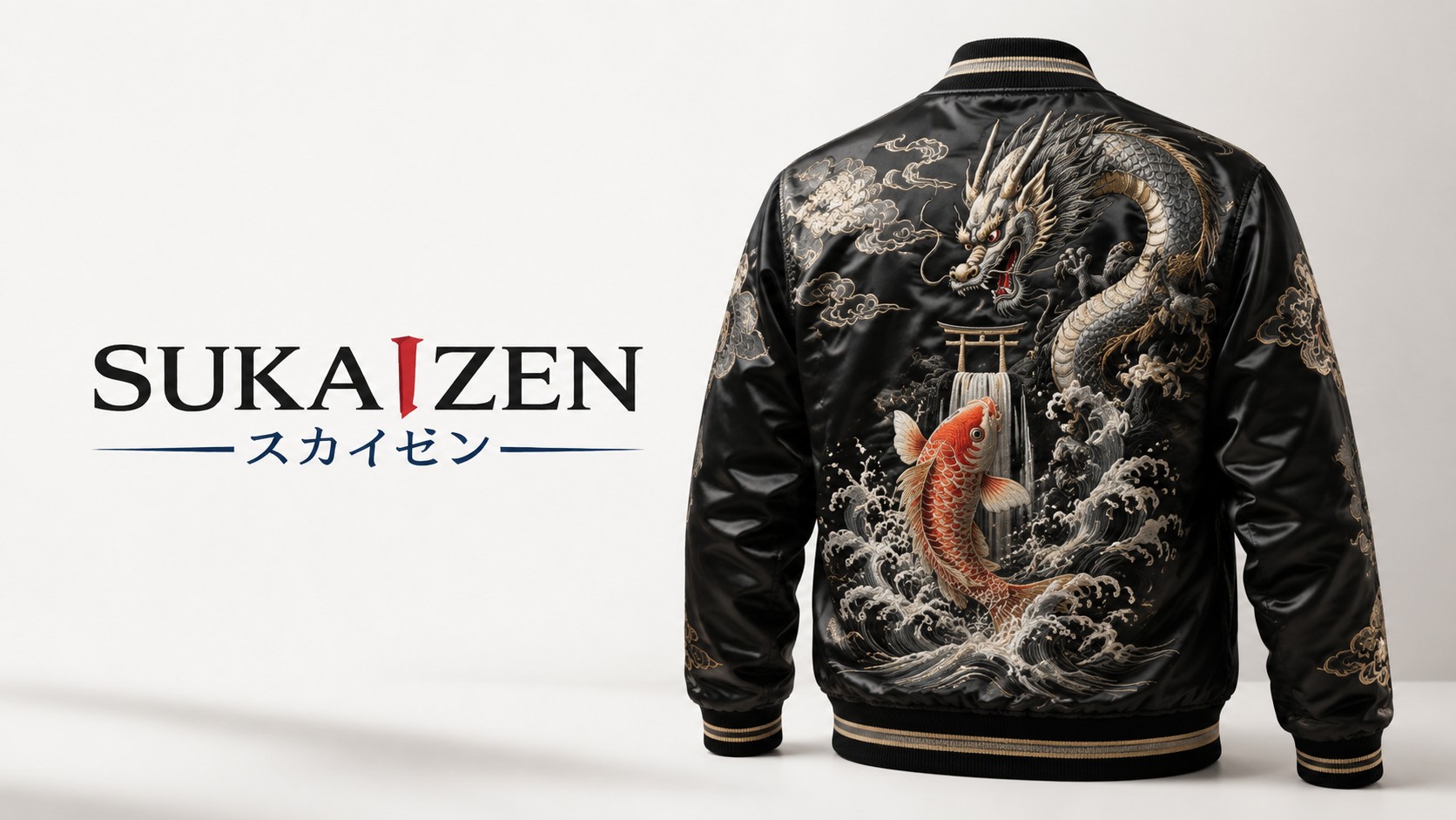 Koi fish and dragon paired embroidery on the back of a black satin sukajan jacket