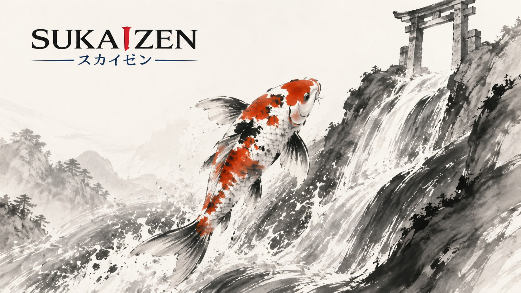 Japanese koi fish swimming upstream against a current, traditional ink-painting style